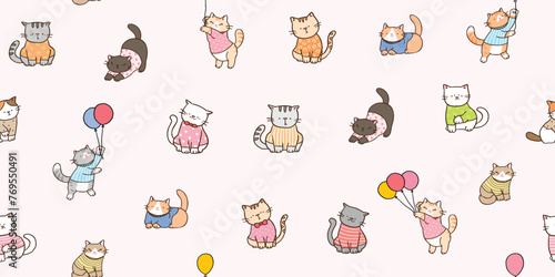 Seamless Pattern of Cute Cartoon Cat Design on Light Pink Background © Supannee