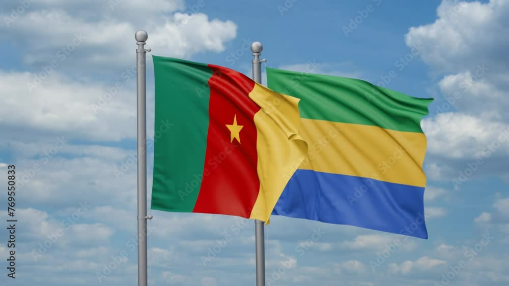 Gabon and Cameroon two flags waving together, looped video, two country relations concept Gabon and Cameroon two flags waving together, looped video, two country relations concept