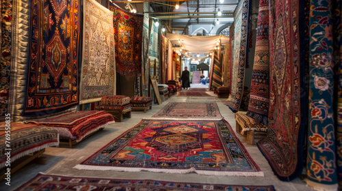 An indoor carpet market with various styles of Persian rugs on display, inviting to the world of oriental craft photo