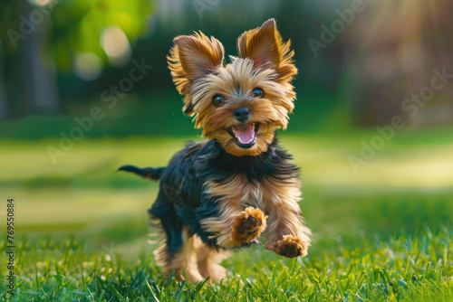 Energetic Yorkie Puppy Running in Green Field © reddish