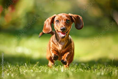 Small Brown Dog Running Across Lush Green Field
