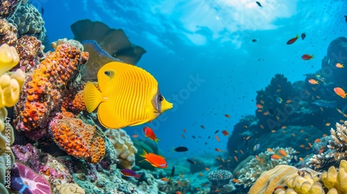 Yellow butterfly fish swim in the blue sea  colorful coral reefs on both sides  high definition photography photos in the style of nature