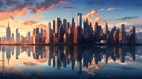 A cityscape at dawn, where the first light of day reflects off sleek skyscrapers.