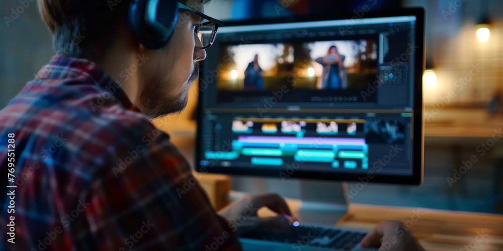Man wearing headphones editing video and music on a computer in a studio. Man wearing headphones editing video and music on a computer in a studio.