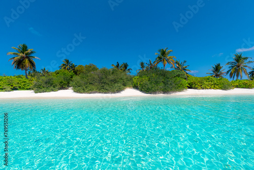 Fototapeta Naklejka Na Ścianę i Meble -  Tropical landscape with beautiful palm trees, turquoise ocean and blue sky with white sand beach on island in Maldives.