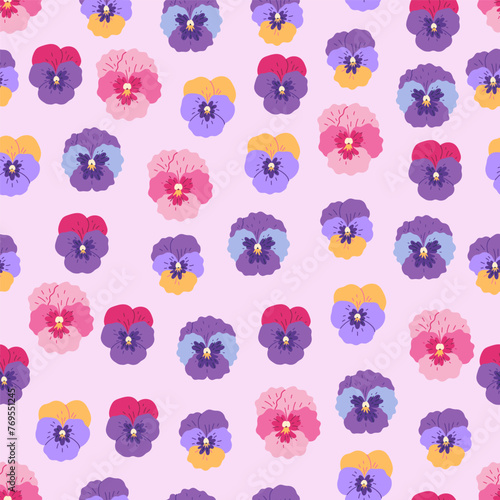 Seamless pattern with pansy flowers on a pale pink background. Vector graphics.