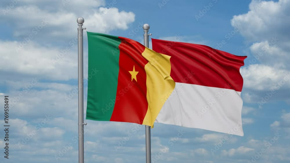 Indonesia and Cameroon two flags waving together, looped video, two country relations concept Indonesia and Cameroon two flags waving together, looped video, two country relations concept