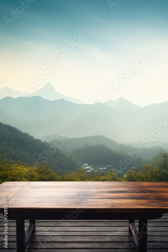 Wooden table mountains bokeh background, empty wood desk surface product display mockup with blurry nature hills landscape abstract travel backdrop advertising presentation. Mock up, copy space .