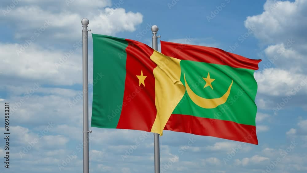 Mauritania and Cameroon two flags waving together, looped video, two country cooperation concept Mauritania and Cameroon two flags waving together, looped video, two country cooperation concept