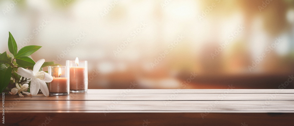 Wooden table spa bokeh background, empty wood desk product display mockup with relaxing wellness massage salon blurry abstract backdrop, body care cosmetic ads presentation. Mock up, copy space . - obrazy, fototapety, plakaty 