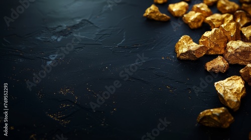 Gold nuggets on black background with copy space, concept of business, gold, mine, treasure, rich, market