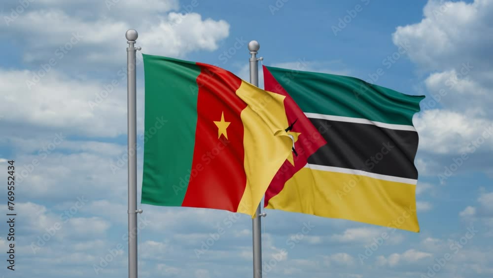 Mozambique and Cameroon two flags waving together, looped video, two country cooperation concept Mozambique and Cameroon two flags waving together, looped video, two country cooperation concept