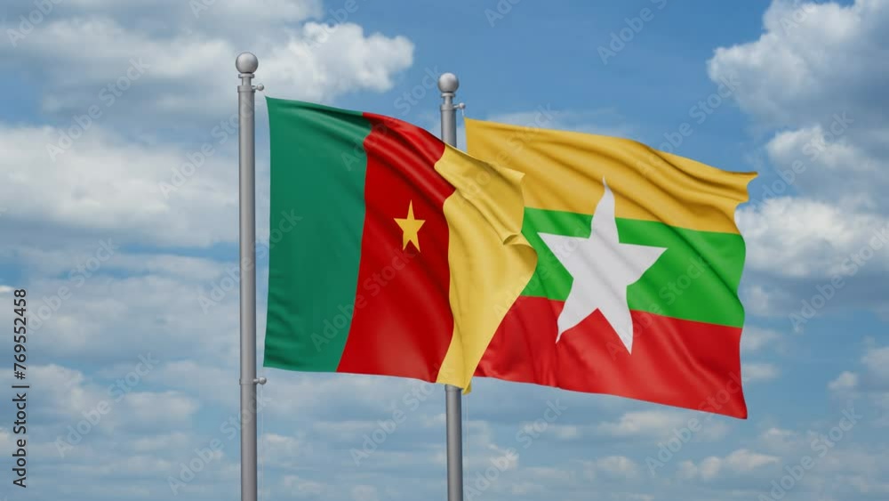Myanmar aka Burma and Cameroon two flags waving together, looped video, two country relations concept Myanmar aka Burma and Cameroon two flags waving together, looped video, two country relations concept