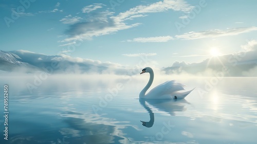 Serene Elegance: A Graceful Swan Gliding Across the Water, Its Majestic Form Reflecting in the Tranquil Surface, a Symbol of Beauty and Poise in Nature's Silent Symphony.