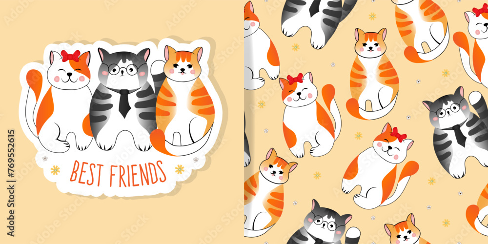 Set of card and seamless pattern with grey and red striped cats on orange background. Vector illustration for children, fabric.