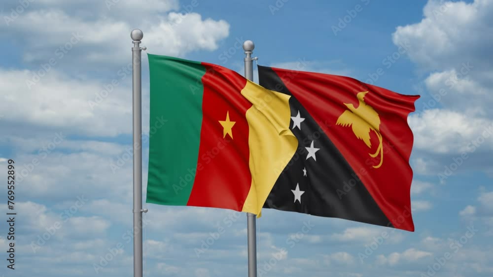 Papua New Guinea and Cameroon two flags waving together, looped video, two country relations concept Papua New Guinea and Cameroon two flags waving together, looped video, two country relations concept