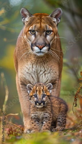 Male puma and cub portrait with empty space on the left for text, object on the right © Ilja