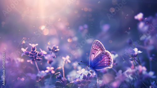 Purple butterfly on wild white violet flowers in grass in rays of sunlight, macro. Spring summer fresh artistic image of beauty morning nature. Generative Ai © Handz
