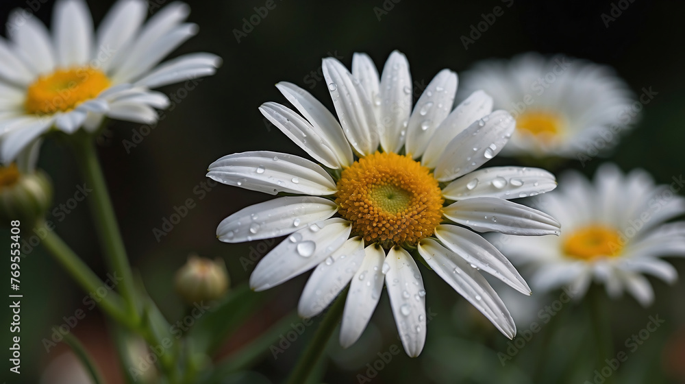 Taufrische Margeriten in Nahaufnahme in voller Blüte- Leucanthemum vulgare