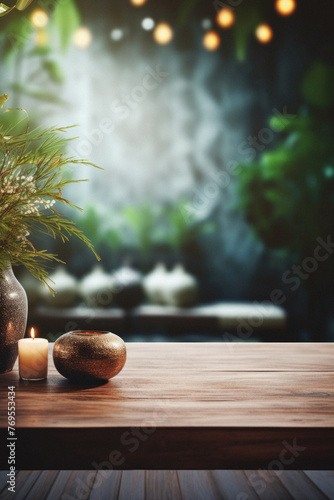 Wooden table spa bokeh background, empty wood desk product display mockup with relaxing wellness massage salon blurry abstract backdrop, body care cosmetic ads presentation. Mock up, copy space .