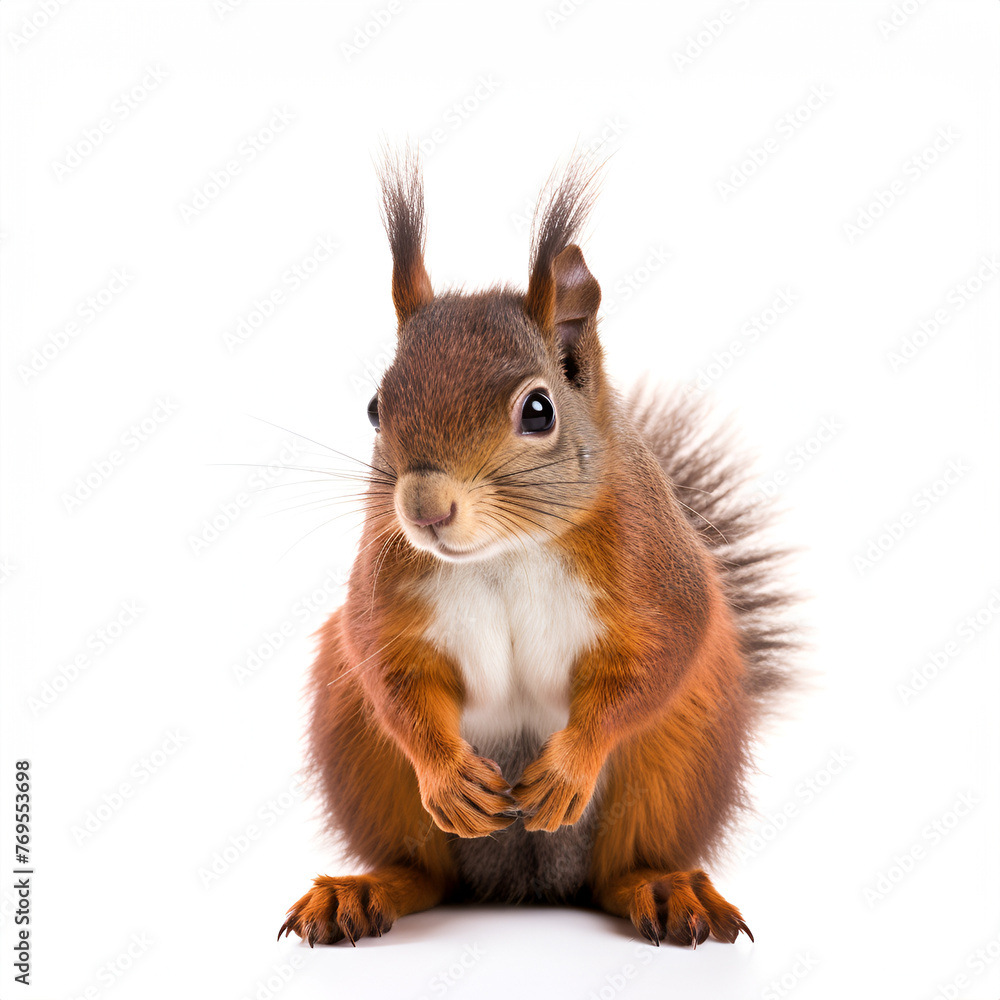 Obraz premium Portrait of eurasian red squirrel in front of a white background