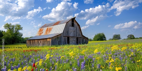 A vintage barn with a gambrel roof, surrounded by fields of blooming wildflowers.  photo