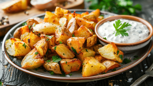 Plate of Potato Wedges With Ranch Dip