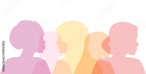 Women of different nationalities and cultures standing together. Women's friendship, union of feminists. Multicultural, nationality and ethnic groups. Concept of the female's empowerment movement.
