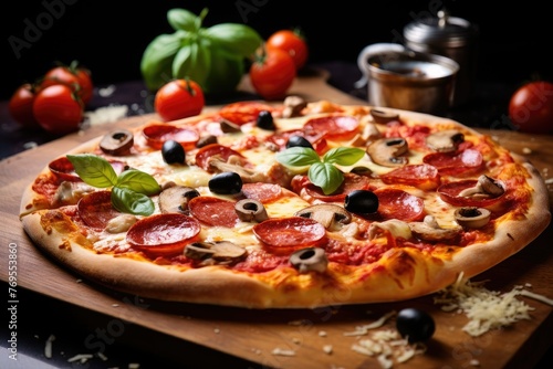 Hot pizza with tomatoes, olives, mushrooms and basil