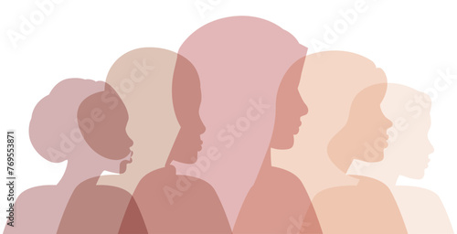 Group of multiethnic diversity women and girls face silhouette profile. Women of different ethnicities together. Portraits of different women in profile. Horizontal format.