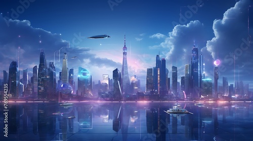 A futuristic cityscape with holographic advertisements illuminating the skyline.