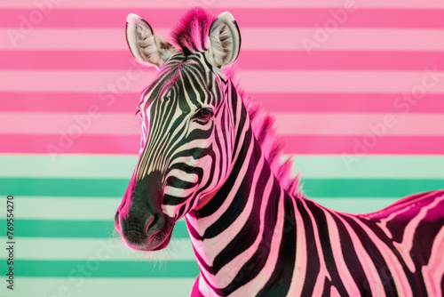 Close up of a zebra on a pink and green striped background
