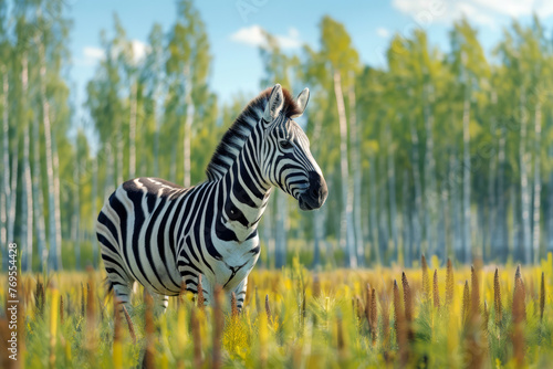 Zebra standing in a field with tall grass and birch trees in the distant background. © Владимир Солдатов
