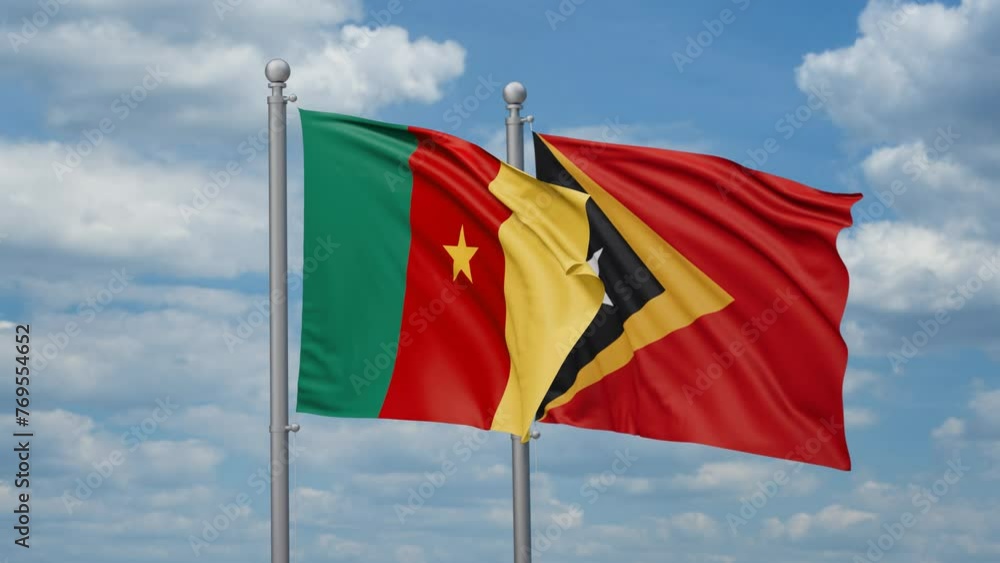 East Timor and Cameroon two flags waving together, looped video, two country cooperation concept East Timor and Cameroon two flags waving together, looped video, two country cooperation concept