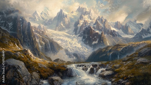 A painting depicting a mountain stream flowing through the majestic Alps, with Mont Blanc towering in the background.