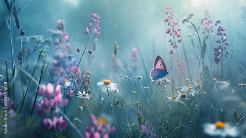 Amongst the beautiful wildflowers of the countryside are daisies, purple wild peas, and a close-up macro shot of a butterfly in the morning misty atmosphere of nature. The landscape is in a wide forma photo