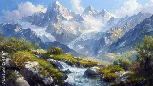 A painting depicting a mountain stream flowing through the majestic Alps  with Mont Blanc towering in the background.