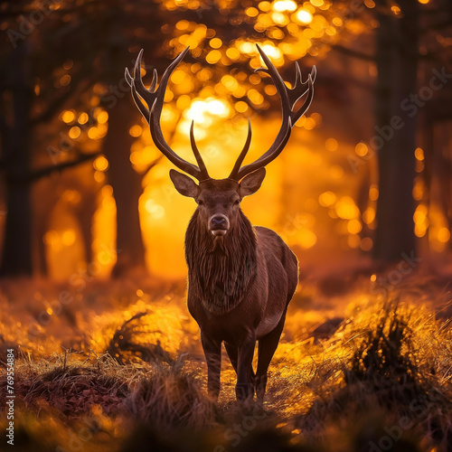 large magestic deer with big pointy antlers standing in a clearing at sun set
