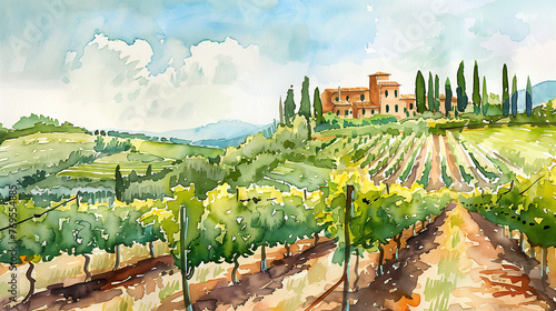 a watercolor image of an italian vineyard. Background picture. AI Generated
