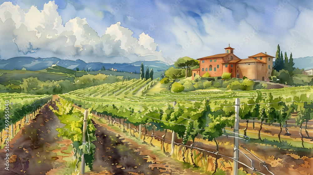 Naklejka premium a watercolor image of an italian vineyard. Background picture. AI Generated
