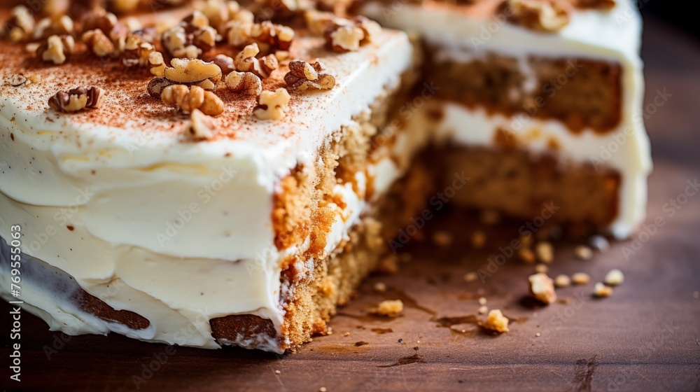 Close-up cross-section of a carrot cake's speckled cream cheese frosting and walnut textures. Close-up cross-section of a carrot cake's speckled cream cheese frosting and walnut textures.