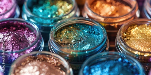 A close-up of shimmering loose pigments in jars, creating a mesmerizing background. 