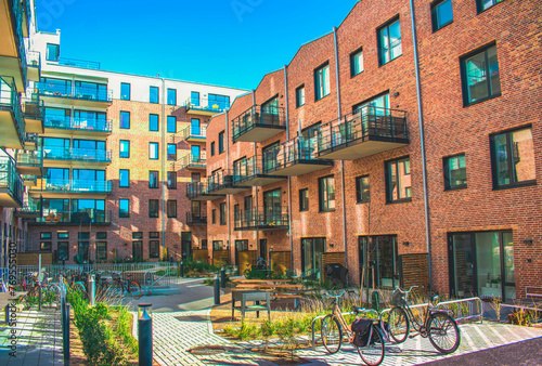 Residential area in Malmö, Sweden. Swedish neighborhood, Swedish modern architecture. Exterior. Swedish commune house. Swedish lifestyle.