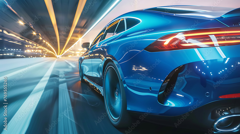 Rear view of blue Business car on high speed in turn. Blue car rushing along a high-speed highway. Generative Ai