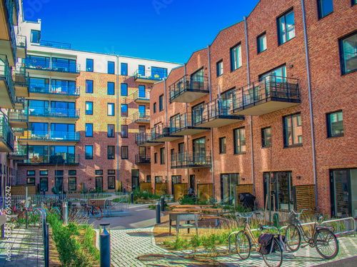Residential area in Malmö, Sweden. Swedish neighborhood, Swedish modern architecture. Exterior. Swedish commune house. Swedish lifestyle.
