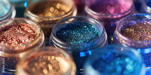 A close-up of shimmering loose pigments in jars, creating a mesmerizing background.