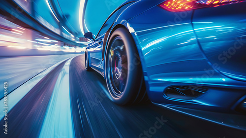 Rear view of blue Business car on high speed in turn. Blue car rushing along a high-speed highway. Generative Ai © Handz