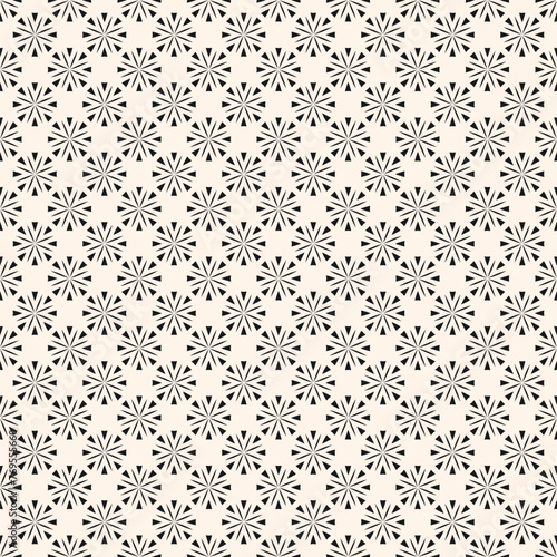 Simple monochrome seamless pattern with small abstract flower silhouettes. Modern minimal geometric floral ornament texture. Vector black and white ornamental background. Repeat minimalist design