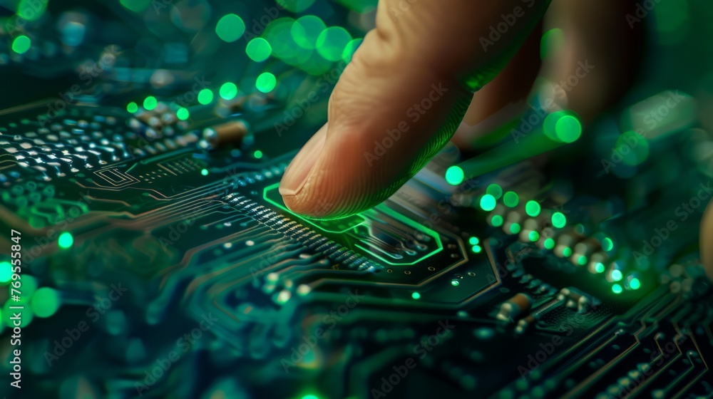 A persons index finger touching a circuit board with green lights ...