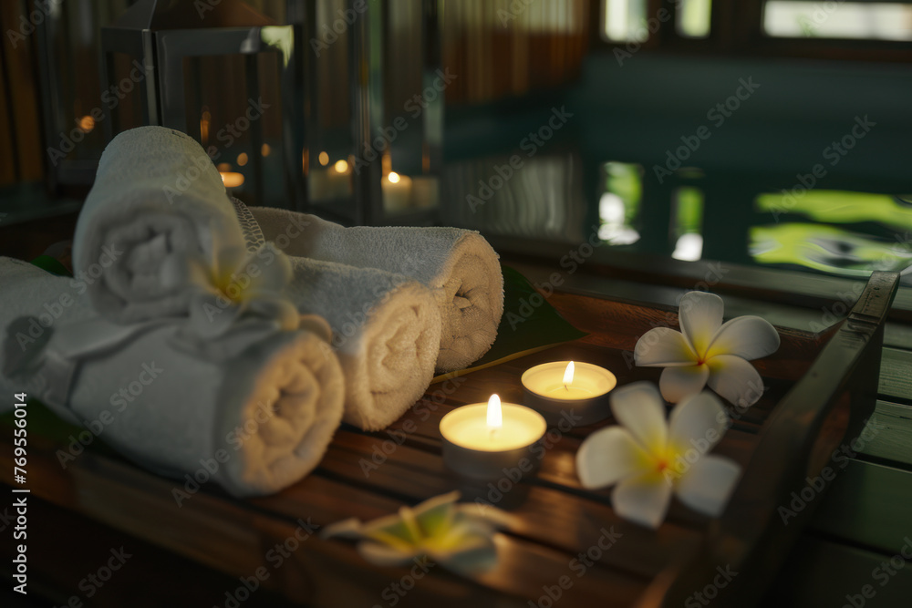 Spa still life with aromatic candles, frangipani flowers and towels in a spa beauty salon. Spa still life with aromatic candles, frangipani flowers and towels in a spa beauty salon.